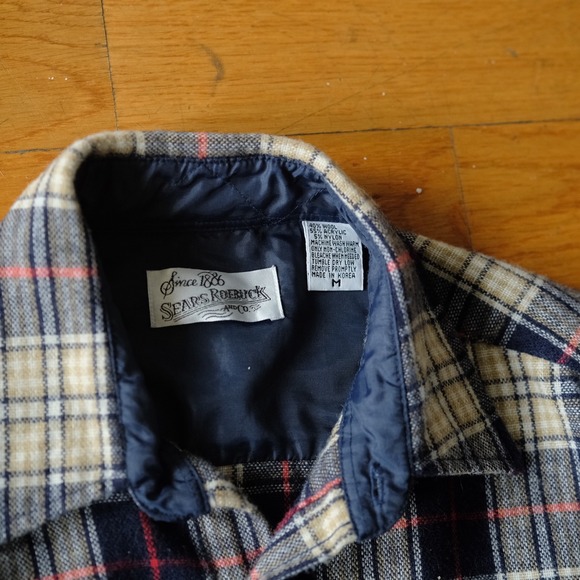 Vintage Sears Roebuck Plaid Wool Flannel Shirt Jacket Blue Tan Mens Medium - Picture 2 of 9